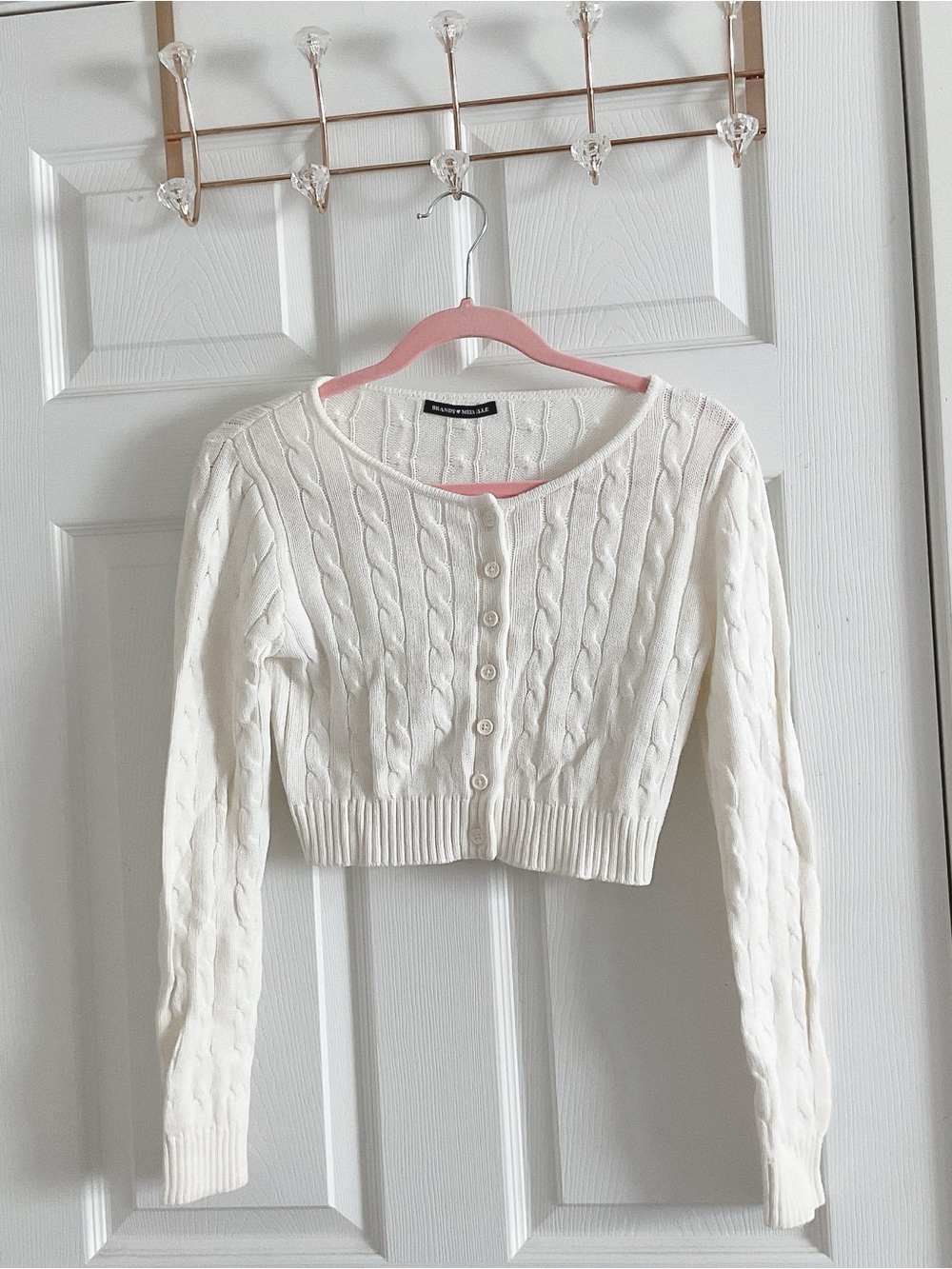 White Cable Knit Cropped Cardigan Sweater